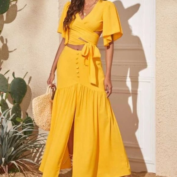 . Dresses & Skirts - Cross Wrap Blouse & Split Hem Skirt 2 piece set -Yellow